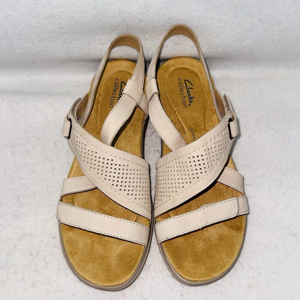 EUC Women’s Clark’s Maelynn Gem Leather Sandals Tan Size 9 Adjustable Straps